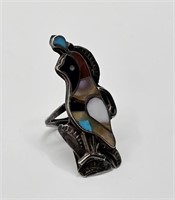 Vintage NAVAJO Silver Bird Design Ring Inlaid