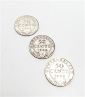 NEWFOUNDLAND, Set of 3 pieces of Silver 50 Cents