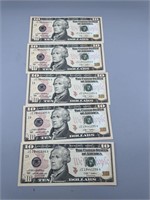 (5) Consecutive 2009 $10 Notes, Crisp UNC