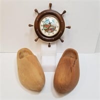 Holland Scene Ship Wheel Clock & Wooden Clogs