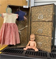 Vintage doll storage box and clothing