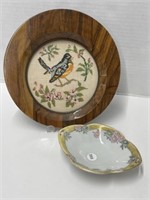 Nippon Hand Painted Dish and Framed Embroidered