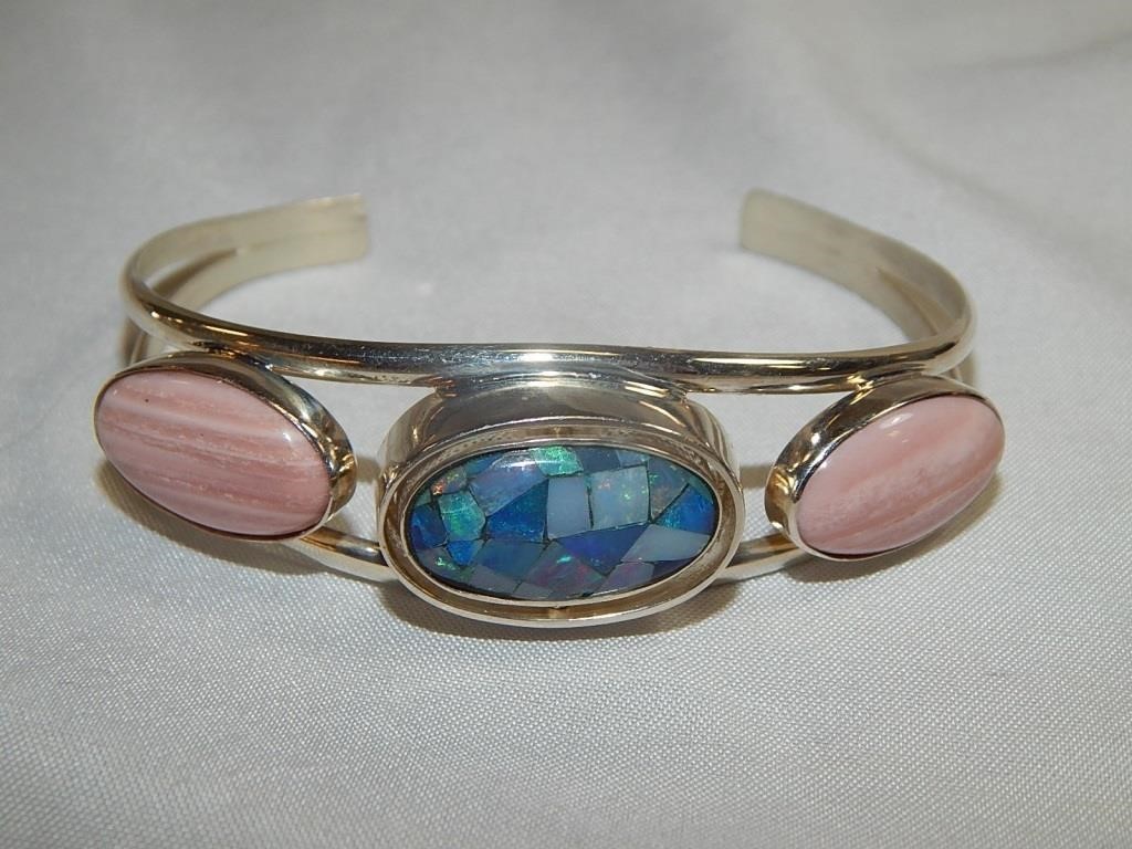 Sterling Cuff Bracelet Mosaic & Pink Opal 24.8g