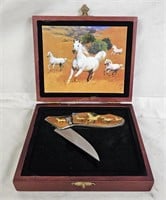 White Horse Decorative Pocket Knife W/ Wood Case