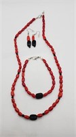 (LB) Red Coral and Black Obsidian Necklace (20"