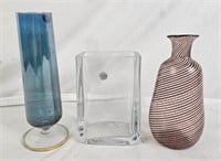 3 Decorative Vases, Red Swirl, Crystal & Blue