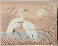 Acrylic On Canvas Of White Egrets Signed Lee Reyno