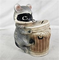 6" Ceramic Raccoon W/ Garbage Can Coin Bank