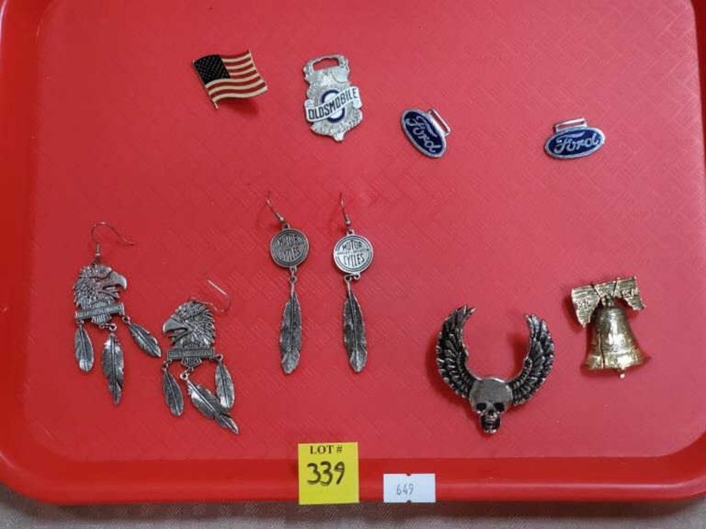 Tray of Harley Davidson, Ford, Etc Pins & Earrings