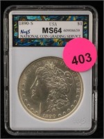1890-s Silver Morgan Dollar Cased Graded