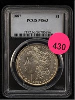 1887  Silver Morgan Dollar Pcgs Ms63