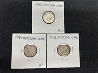 1940, 1942 & 1944 Mercury Dimes