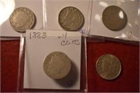 (5pcs.) (2) 1883 w/cents, (2) 1883 no cents