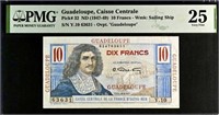 Guadeloupe 10 Francs 1947 PMG 25 VF Fancy SN GuFA