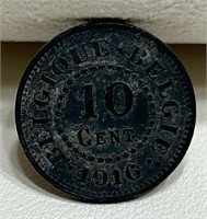 1916 Belgium 10 Cents Zinc Coin. Z4X
