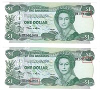 Bahamas,$1,2002,UNC X 2 Consecutive Fancy SN.FNB2