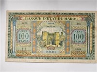 Banque d'État du Morocco 100 Francs 1943.MO14