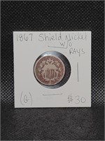 1867 Shield Nickel w/o rays