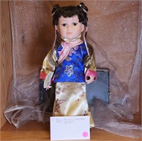 16" Asian Porcelain Soft Body doll w/stand