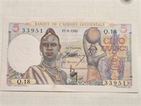 French West Africa 5 Francs (17-8-1943) AUNC.We2