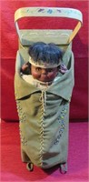 Native Papoose Cradle Board w Hand Beaded Doll