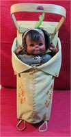 Native Papoose Cradle Board w Hand Beaded Doll