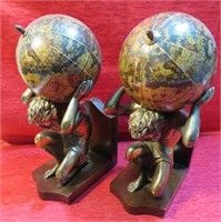 Retro Metal Greek God Holding Globes Wood Bookends