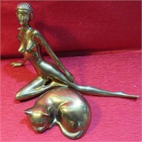 Retro Nude Brass Woman & Cat Sculptures NICE