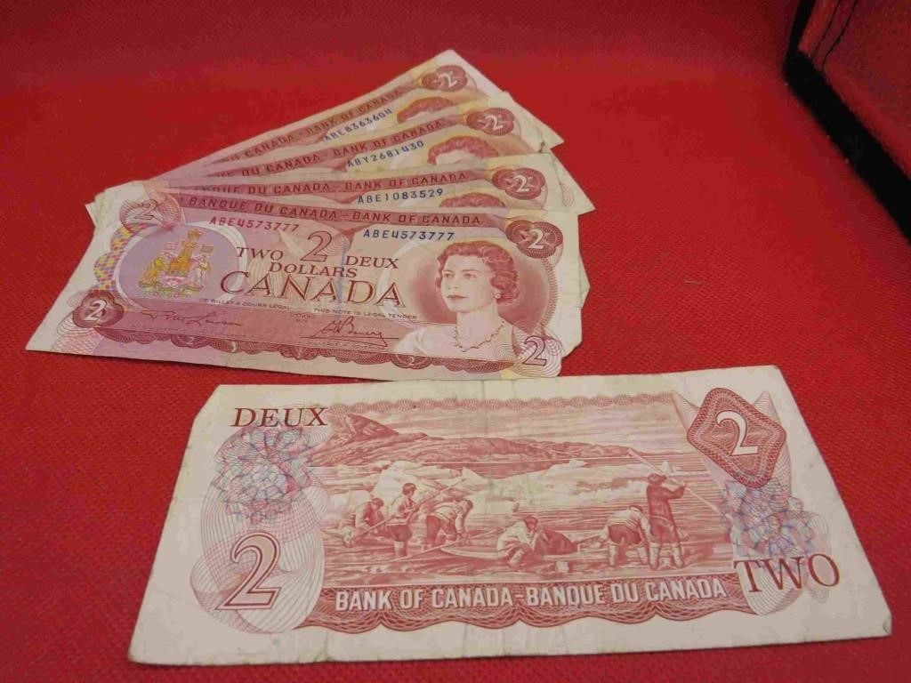1974 Lot 5 Canada 2 Dollar Bills Bank Notes