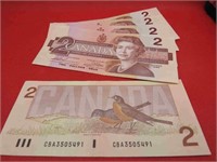 1986 Lot 5 Canada 2 Dollar Bills Bank Notes