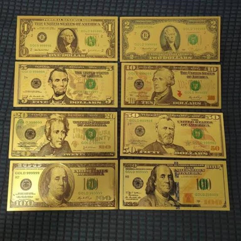 Set of 8 Foil Gold US Banknote -Buy 5 Get 1 Free