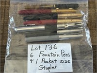 (6) Fountain Pens & A Pocket Size Stapler