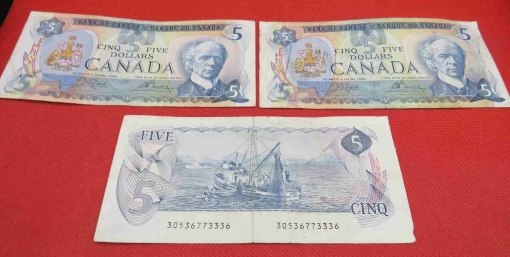 1979 Lot 3 Canada 5 Dollar Bills Bank Notes