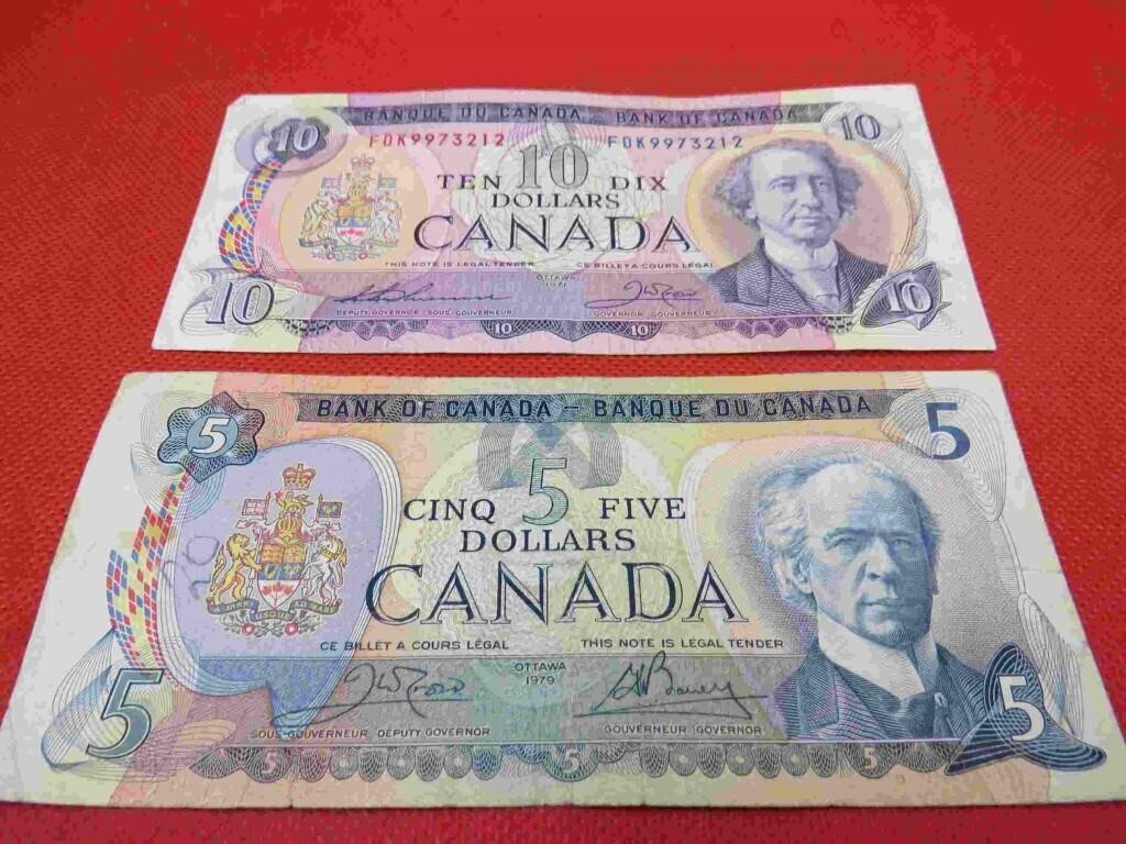 Canada Bills 1971 Ten 1979 Five Dollar Bills Notes