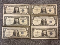 A lot of six 1957 one dollar silver certificates
