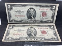 Lot of two 1953 red seal, two dollar federal