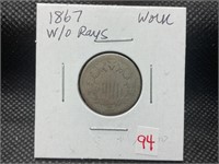 1867 nickel without rays