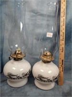 Pair 16" Currier & Ives Oil Lamps w/Chimneys