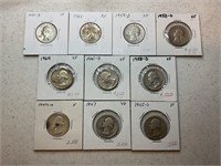 A lot of 10 assorted silver quarters
