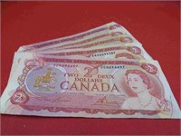 1974 Lot 5 Canada 2 Dollar Bill Bank Notes Money