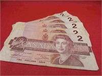 1986 Lot 5 Canada 2 Dollar Bill Bank Notes Money