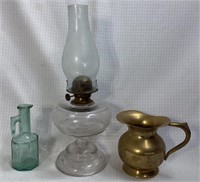 3 Queens Oil Lamp, Brass Pitcher, Misc
