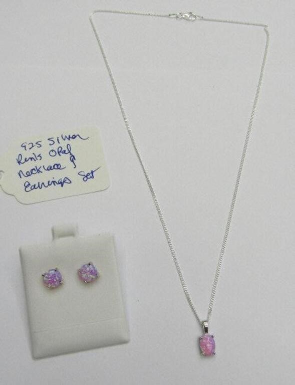 925 Silver Pink Opal Necklace & Earring Set