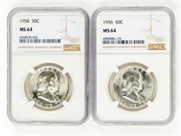 Coin 2 Franklin Half Dollars-NGC-MS64