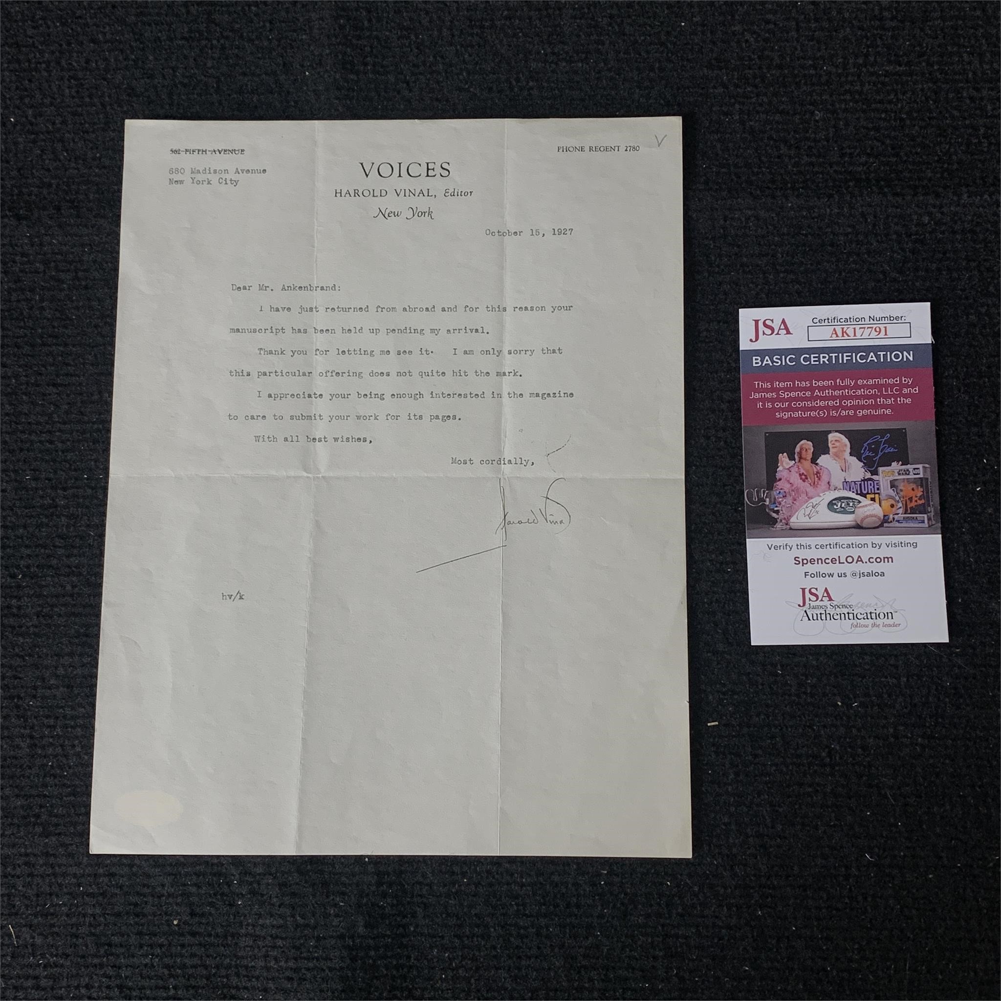 Harold Vinal Signed Letter