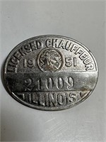 Vintage 1951 Illinois Chauffeur license pin badge