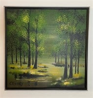 C. Roberts Signed Oil Painting Woods Scene 25”x25”