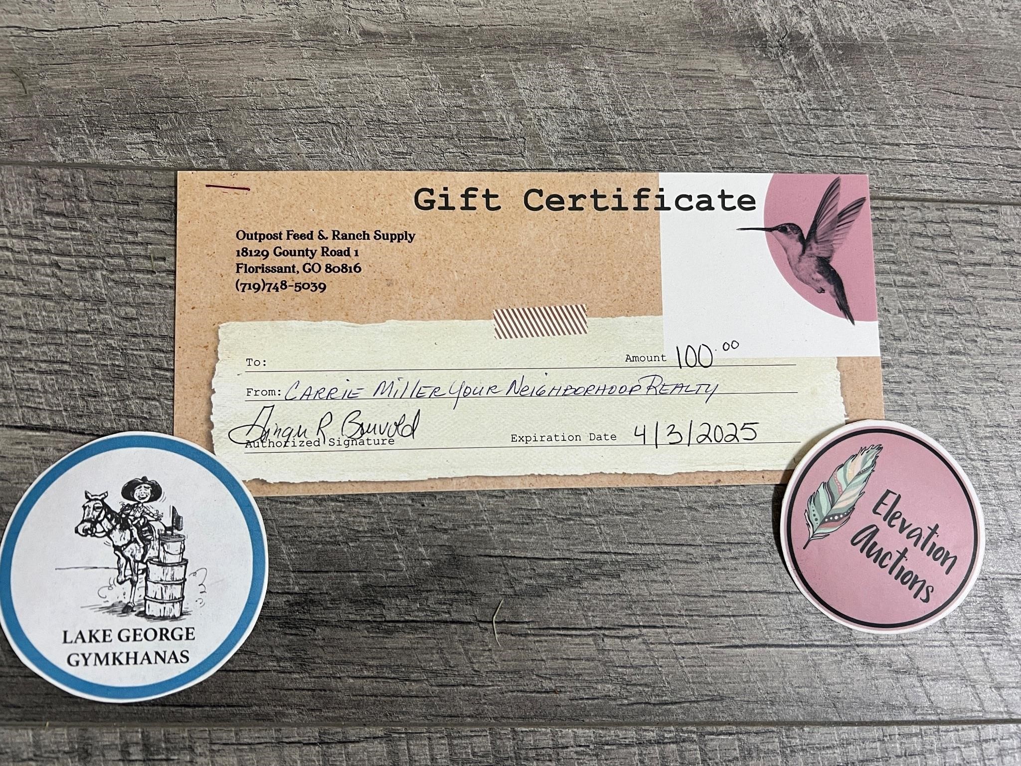 $100 Gift Certificate to Outpost Feed and Ranch
