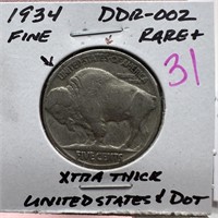 1934 BUFFALO NICKEL DDR-002 EXTRA THICK US ETC