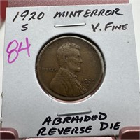 1920-S WHEAT PENNY CENT ABRAIDED REVERSE DIE